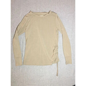 Womens Evy’s Tree Shirt Size Small Beige Tan Tie Up Side Sweater Thumb Holes